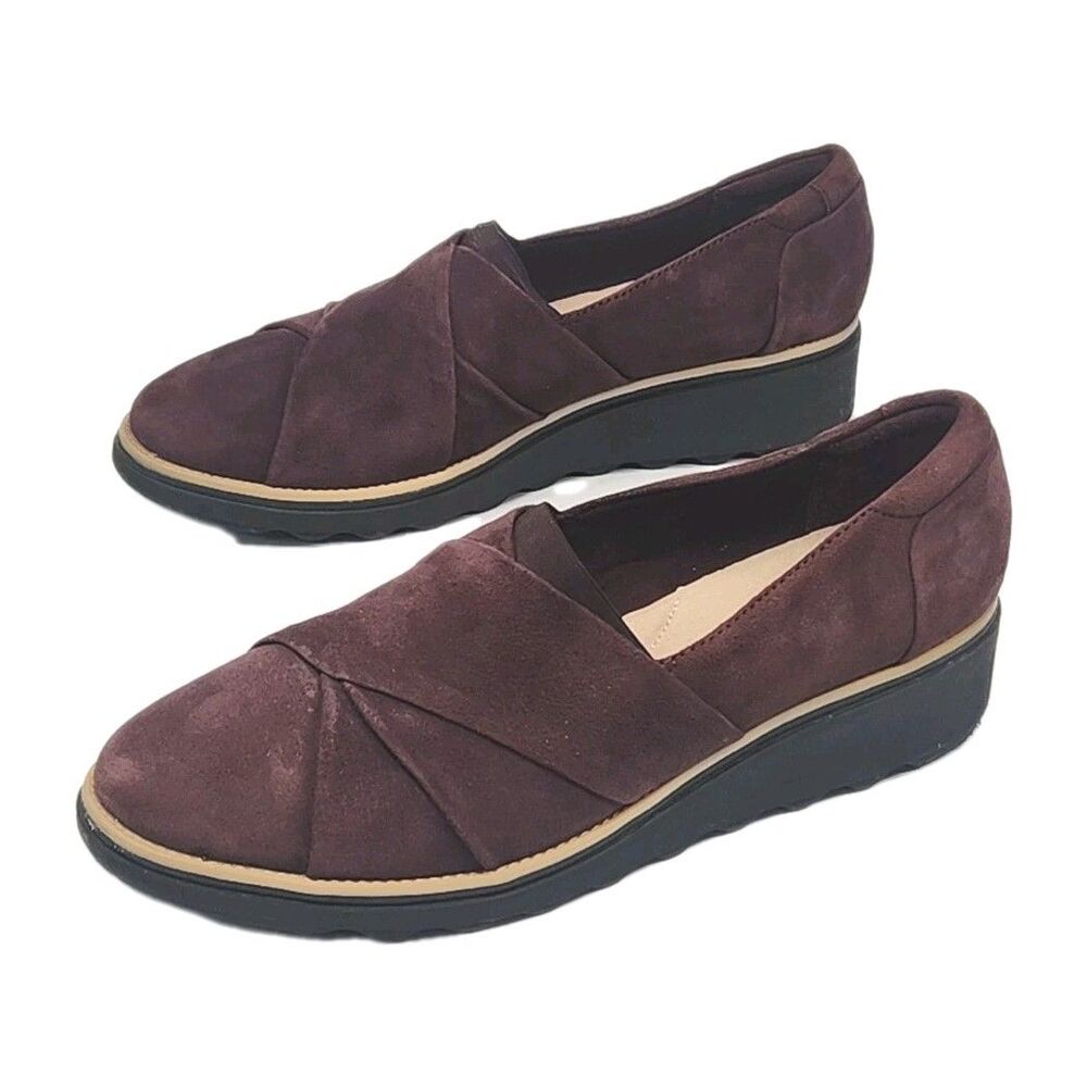 Clarks Collection Shoe Loafer Women Sz 10 Suede Slip On 1.5" Wedge Heel Burgundy